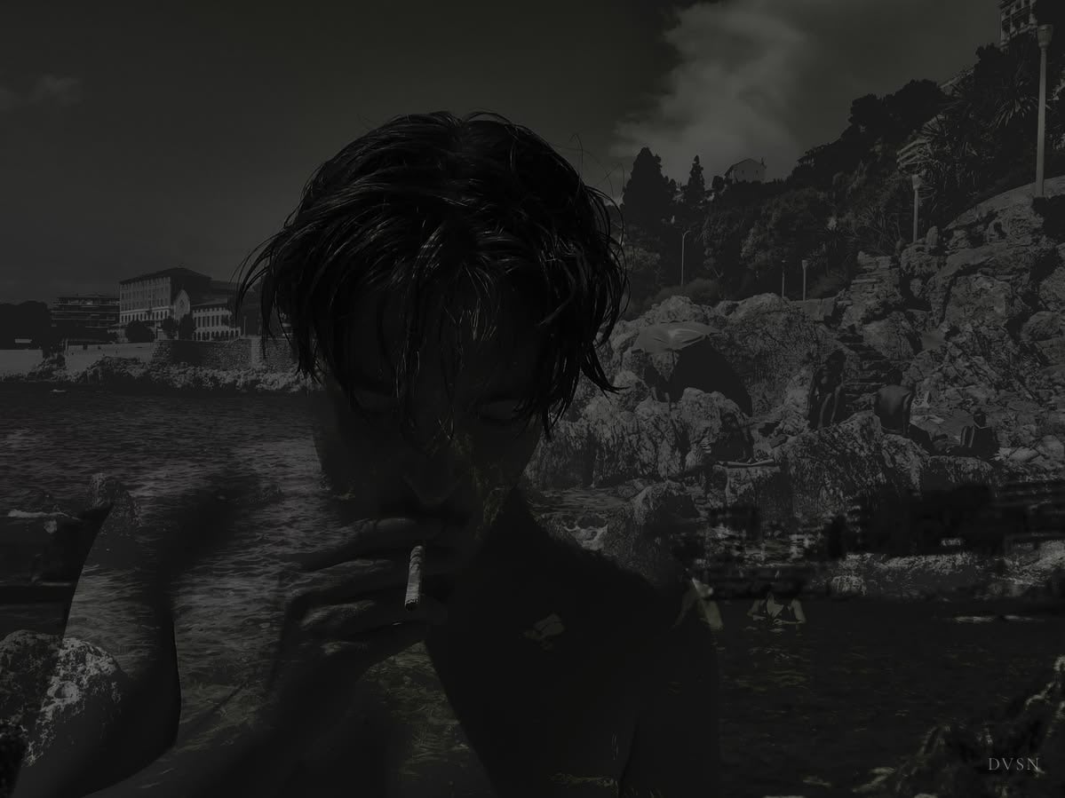 Une double exposition sombre — un jeune homme qui fume, le visage dans l'ombre, sur un rivage rocheux.