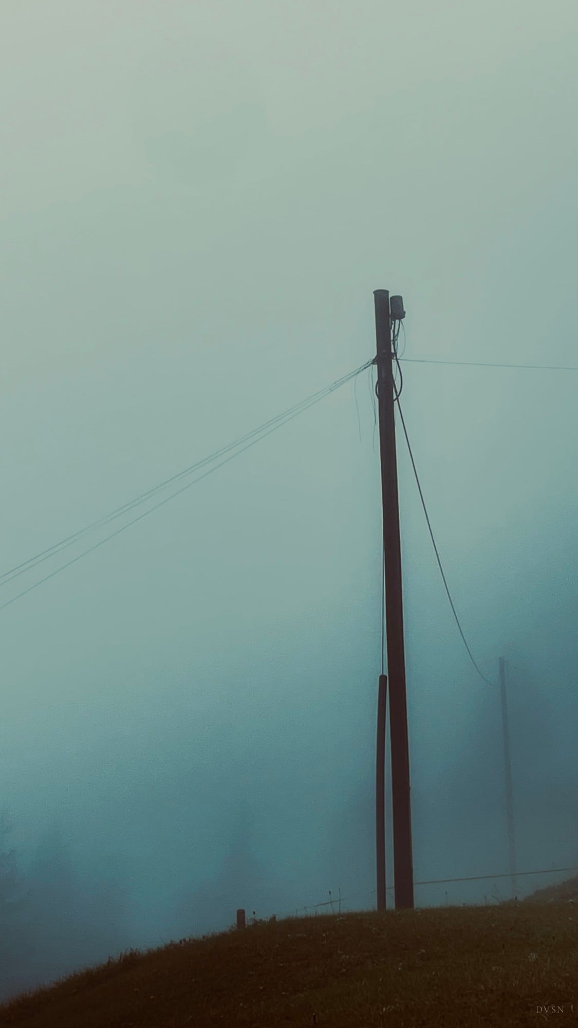 Un poteau électrique isolé et ses câbles sur une colline, avalés par le brouillard.